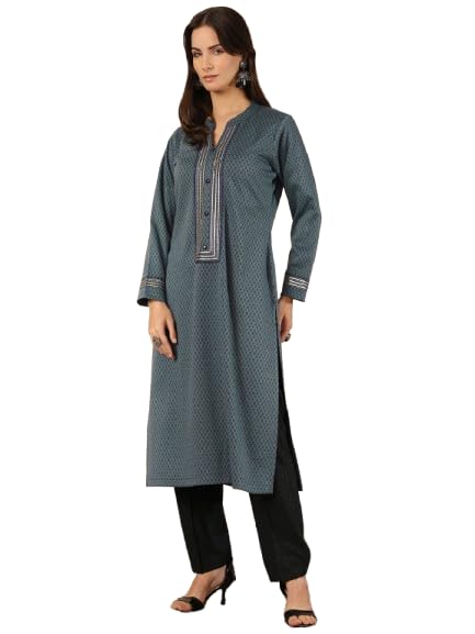 Libas Womens Wool Woven Design Straight Kurta (58286W_Blue