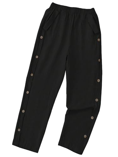 TOPLOT Women Casual Slanted Pocket Elastic Waist Tapered Pants (Button-Pant-5192-Black-34)