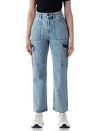 INKD Womens Elasticated Waistband Jeans with Cargo Pockets - High-Rise | 6 Pocket Styling (INKSS24WJN-403-Cosmic Cloud-32)