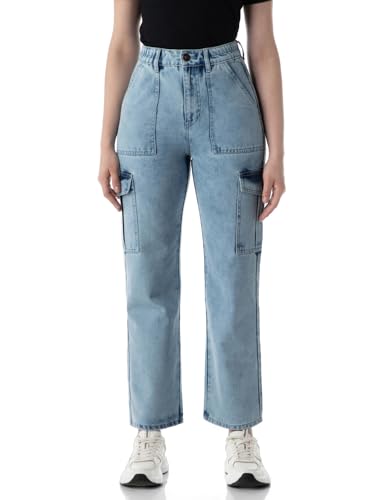 INKD Womens Elasticated Waistband Jeans with Cargo Pockets - High-Rise | 6 Pocket Styling (INKSS24WJN-403-Cosmic Cloud-32)