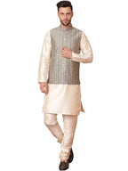 Jompers Mens Woven Design Nehru Jacket With Solid Kurta Pyjama Set