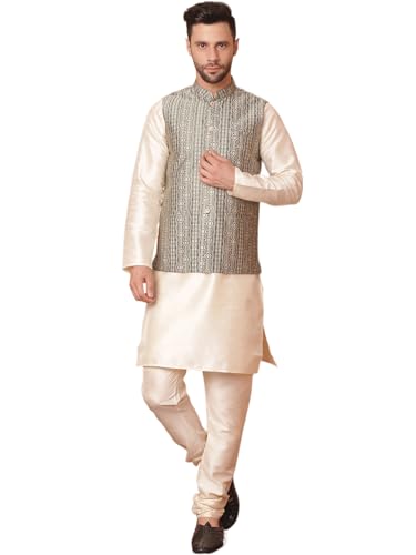 Jompers Mens Woven Design Nehru Jacket With Solid Kurta Pyjama Set