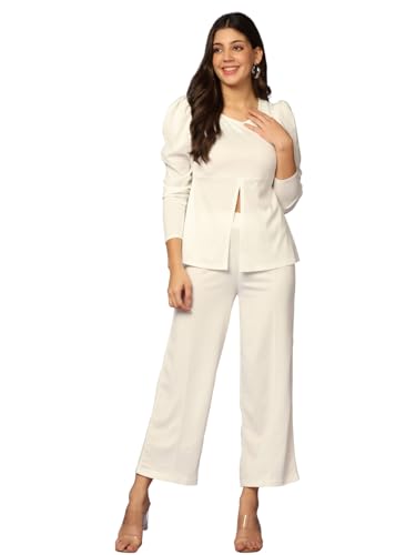 GRECIILOOKS Womens A-Line Lycra Regular Fit Co-Ord Set (White, Medium)