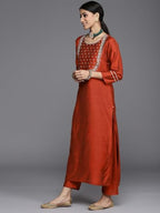 Varanga Women Maroon & Silver Embroidered Straight Kurta With Solid Trouser And Printed Dupatta With Fringes