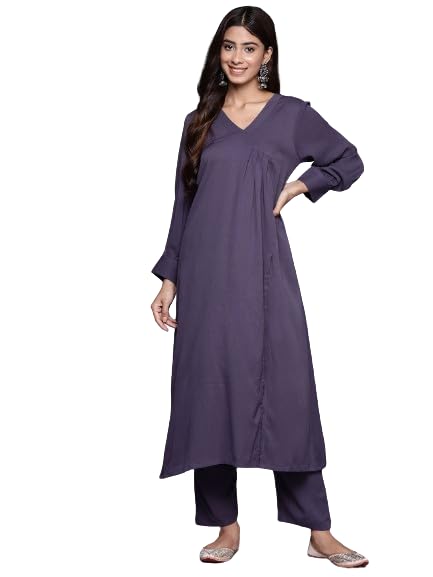 Varanga Women Violet Angrakha Style A-Line Kurta Paired Wth Tonal Bottom