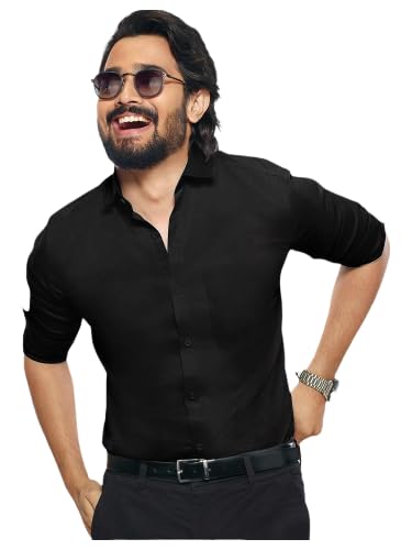 Pinkmint Casual Shirt for Men Stylish Mens Shirt Soild Regular Fit Long Sleeve Formal Wear Black