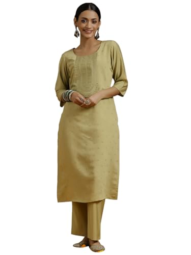 Libas Gerua Womens Embroidered Silk Blend Straight Kurta With Trousers