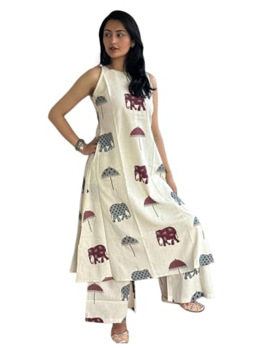 ANNI Designer Womens Rayon Viscose Anarkali Printed Kurta with Palazzo (SURAI WHITE-VKS02_S_White_Small)