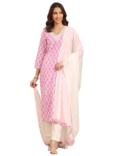 Libas Womens Yoke Design Cotton Straight Kurta With Trousers And Dupatta