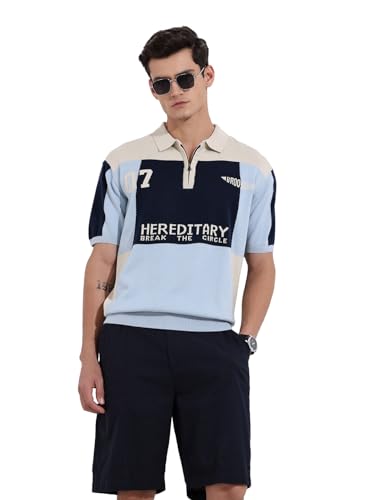 The Indian Garage Co Mens Oversized Fit Colourblocked Half Sleeves Neck Flat Knit Polo T-Shirt