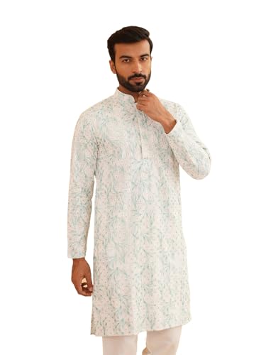 Sojanya (Since 1958 MenS Cotton Gold Sequinned Embroidered White & Green Long Kurta