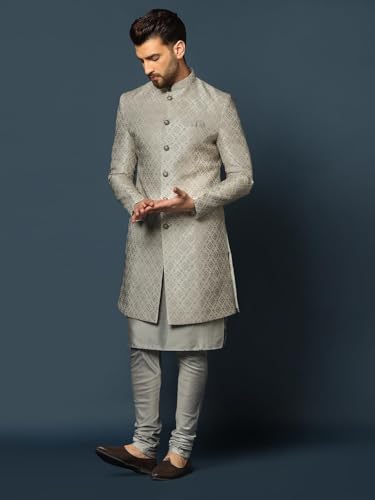 Kisah MenS Grey Indo-Western Kurta Sherwani Churidar Set Cotton Full Sleaves, Knee Length, Straight, Regular Fit, Mandarin Coll