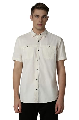 Louis Philippe Men Beige Solid Half Sleeves Casual Shirt
