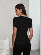 Sugathari Girls & Womens Black Eyelet Embroidery Knitted V Neck Casual Slim Fit Women T-Shirt, Short Sleeve Schiffli Crop Top,