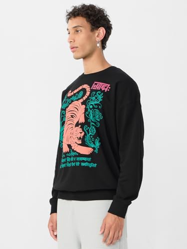 The Souled Store Originals : Indie Tiger Men and Boys Long Sleeves Round Neck Cotton Blend Oversized Sweatshirts Black