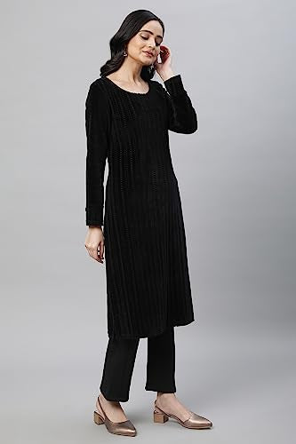 Aurelia Women Black Cotton Blend Geometric Yarn Dyed Straight Kurta