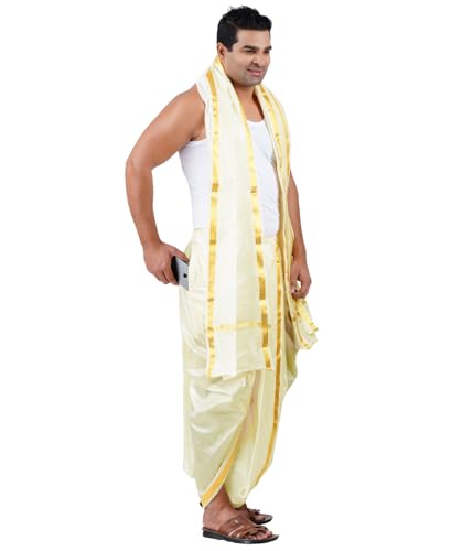 Prakasam Cotton Mens Asha (Polyester Blended) Cream Colour Panjakejam (Ready To Wear) Dhoti & Towel Set With Pocket (50K)