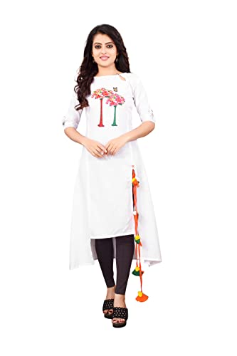 Greciilooks Women Cotton A-Line Regular Fit Kurti (White, Medium)