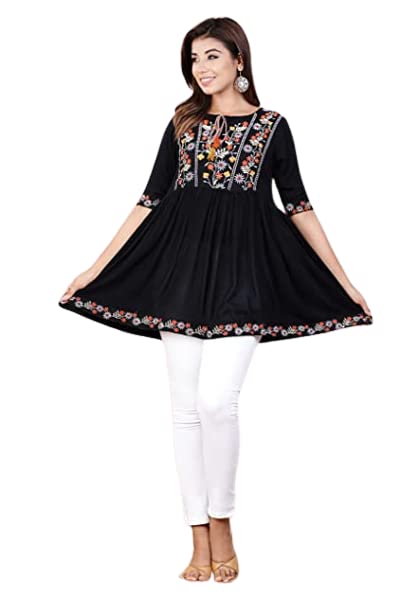 Digital Shopee Rayon Embroidery Short Flair Frock Regular Kurti | Kurta For Women Girls With Trouser Black