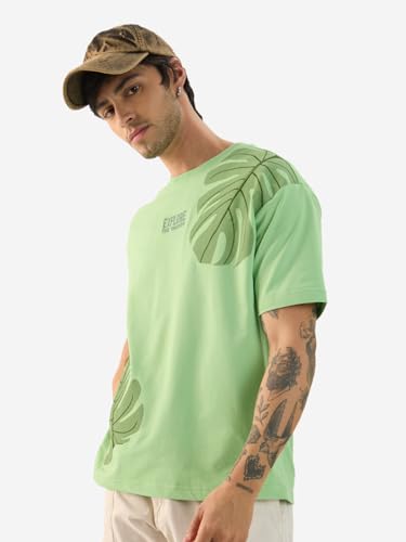 The Souled Store Explore The Unseen Men And Boys Short Sleeve Round Neck Green Embroided Cotton Oversized T-Shirts