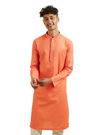 Manyavar MenS Cotton Embroidered Self Design Kurta Pyjama Set (Peach,L)