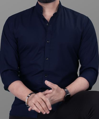 Rebelify MenS Cotton Blend Blue Regular Fit And Button Down Long Sleeve Mandarian Neck Chinese Collard S To Xl Size Shirt. (Pc