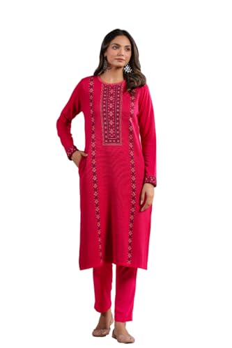 Ishin WomenS Pink Jacquard Style Ethnic Motifs Straight Winterwear Kurta