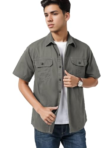 Smowkly MenS Casual Solid Printed Cotton Regular Fit Shirt || Half Sleeve, Button Down, Double Front Pocket || Denim Shacket St