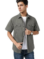 Smowkly MenS Casual Solid Printed Cotton Regular Fit Shirt || Half Sleeve, Button Down, Double Front Pocket || Denim Shacket St