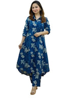 GRECIILOOKS Womens A-Line Rayon Regular Fit Kurta Set (Blue, X-Large)