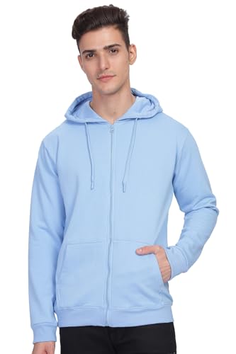 ADRO Men's Cotton Neck Hooded Sweatshirt (ZH24-PLN-SK_Sky Blue