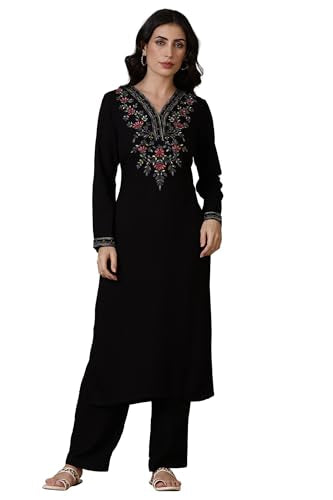Aurelia Black Solid Acrylic Straight Kurta & Palazzo For Women (Size: L)-24Noas15385-607623