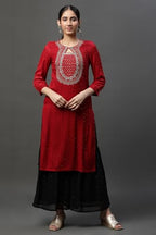 Red Metallic Embroidered Ethnic Kurta