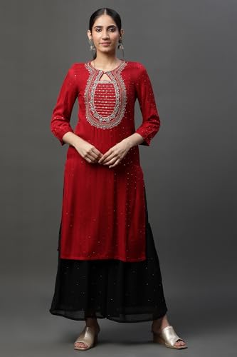 Red Metallic Embroidered Ethnic Kurta
