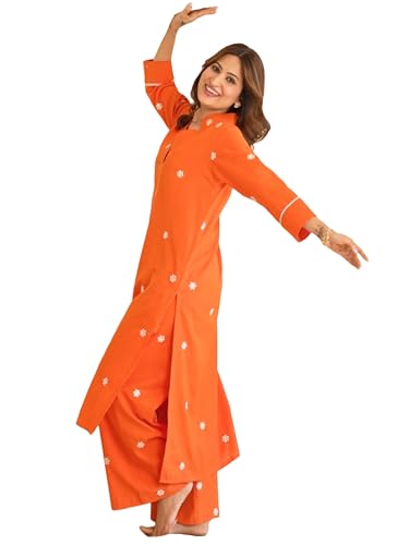 Anni Designer Women'S Rayon Viscose Straight Embroidered Kurta With Palazzo (Bharavi Orange_Xxl_Orange_Xx-Large)