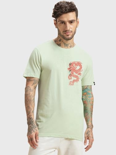 Bewakoof MenS Cyber Samurai Graphic Print Cotton T-Shirt- Regular Fit, Round Neck, Half Sleeves 589374_Green_Xl