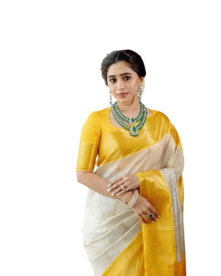 Flosive Womens Sun Yellow&White Golden Zari Shine Soft Kanjivaram Silk Wedding Saree