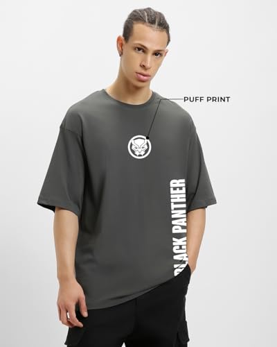 Bewakoof Official Marvel Merchandise Wakanda Forever Mens Graphic Print Oversized Fit Half Sleeve Round Neck Cotton T-Shirt_637