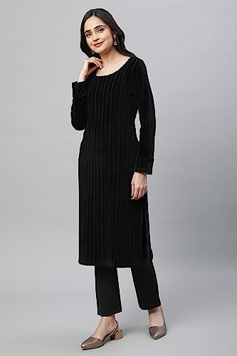 Aurelia Women Black Cotton Blend Geometric Yarn Dyed Straight Kurta