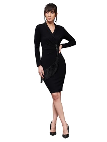 Miss Chase WomenS Collared Neck Full Sleeve Bodycon Knee Length Dress (Mcss25D93-51-335-04, Charcoal Black, M)