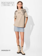 The Souled Store Hell Yes Women and Girls Short Sleeve Round Cotton Oversized T-Shirts Beige