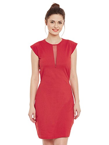 Miss Chase WomenS Solid Cap Sleeve Round Neck Mini Bodycon Dresses(Mcaw14D02-57-64-02,Red,X-Small)