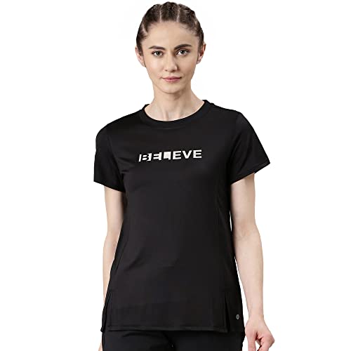 Enamor Womens Letter Print Relaxed Fit T-Shirt (A306_Jet Black Belive Graphic