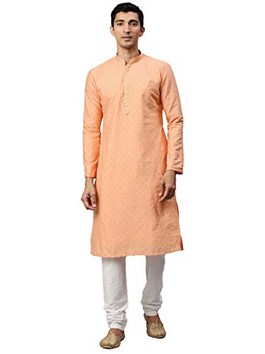 Manyavar Kurta Set For Men, Printed Knee Long Full Sleeves Kurta And Churidar Set For Men (Orange, M)