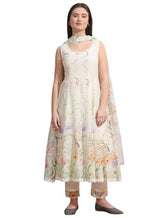 W For Woman Cream Floral Printed Kota Sleeveless Anarkali Kurta, Pants And Dupatta Set (Size: Xs)-Ws12393-125281