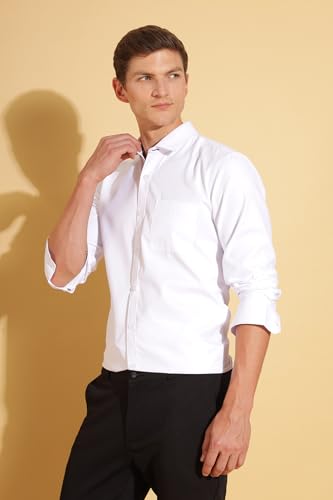FYLTR Mens Slim Fit Shirt - Dobby Self Design | Full Sleeve | Functional Patch Pocket | White Formal Shirts for Men