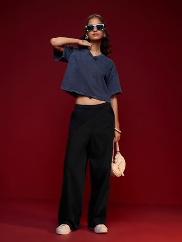 The Souled Store Parachute Pants: Phantom Women and Girls Pull On Black Solid Cotton Baggy Fit Cargo Pants