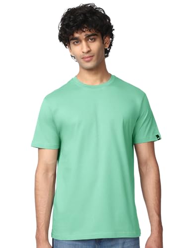 Bewakoof Mens Solid Regular Fit Half Sleeve Round Neck Cotton Jersey T-Shirt_646799_Green_L