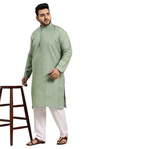 SOJANYA PLUS (Since 1958) Mens Cotton Dark Green Checked Kurta with White Churidar Pyjama Set Size 52