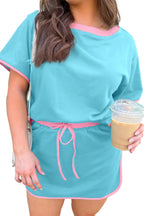 Bonbon Plus Size Contrast Trim T Shirt and Skirt Two Piece Set